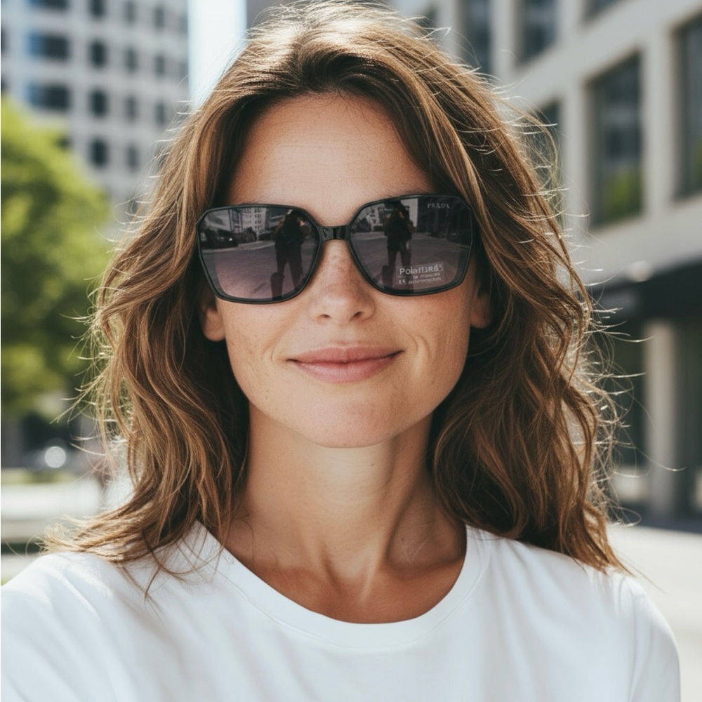 Prada Women’s Polarized Sunglasses | Black/Gunmetal | Gray-Purple Gradient - Picture 4 of 16